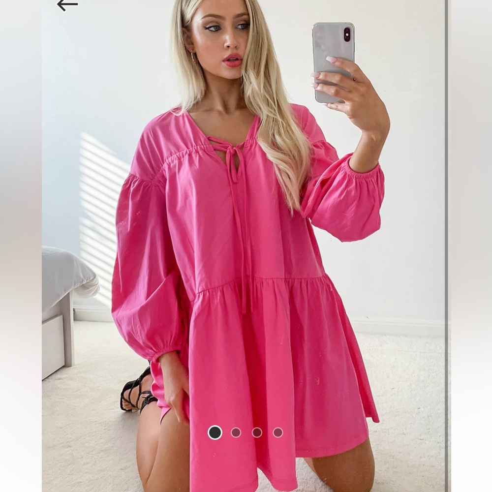 ASOS Design Tiered Long Sleeve Smock Dress Pink US 14